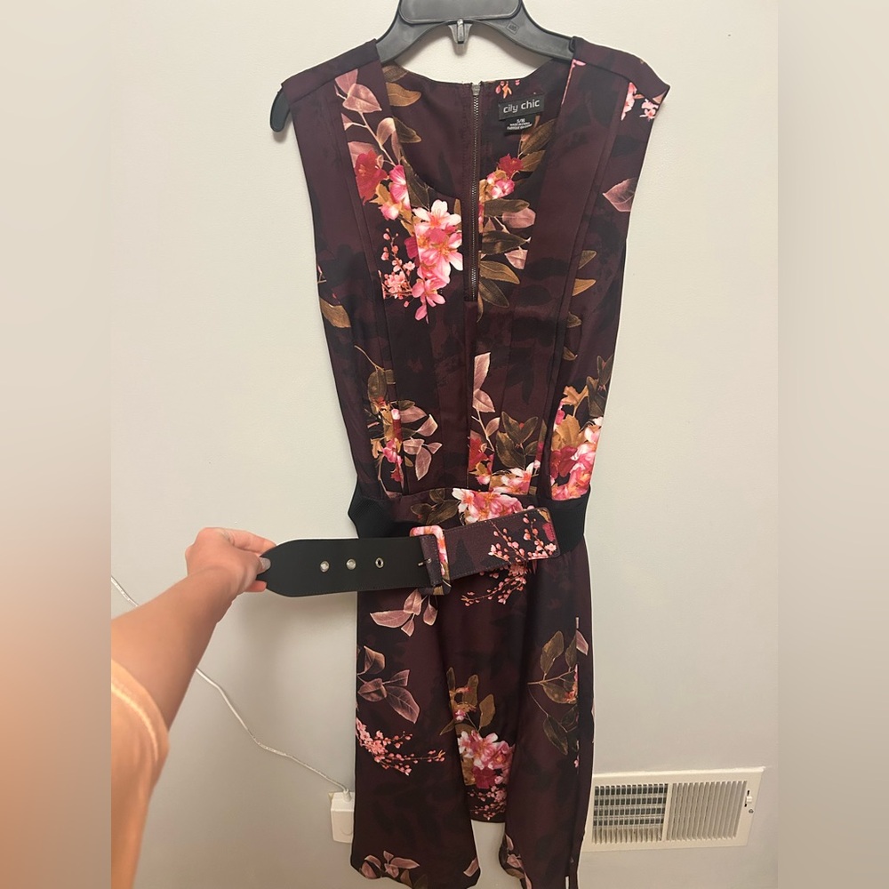City Chic Floral Dress with Belt - Black and Pink